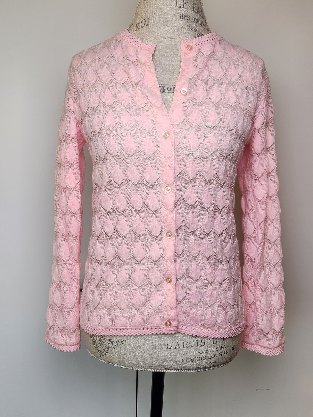 MCM Pink Crochet Knit Cardigan Sweater